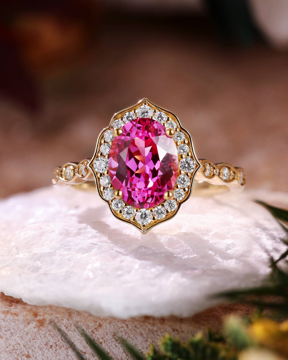 SASKIA Oval Cut Pink Sapphire Halo Vintage Engagement Ring