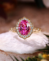 SASKIA Oval Cut Pink Sapphire Halo Vintage Engagement Ring