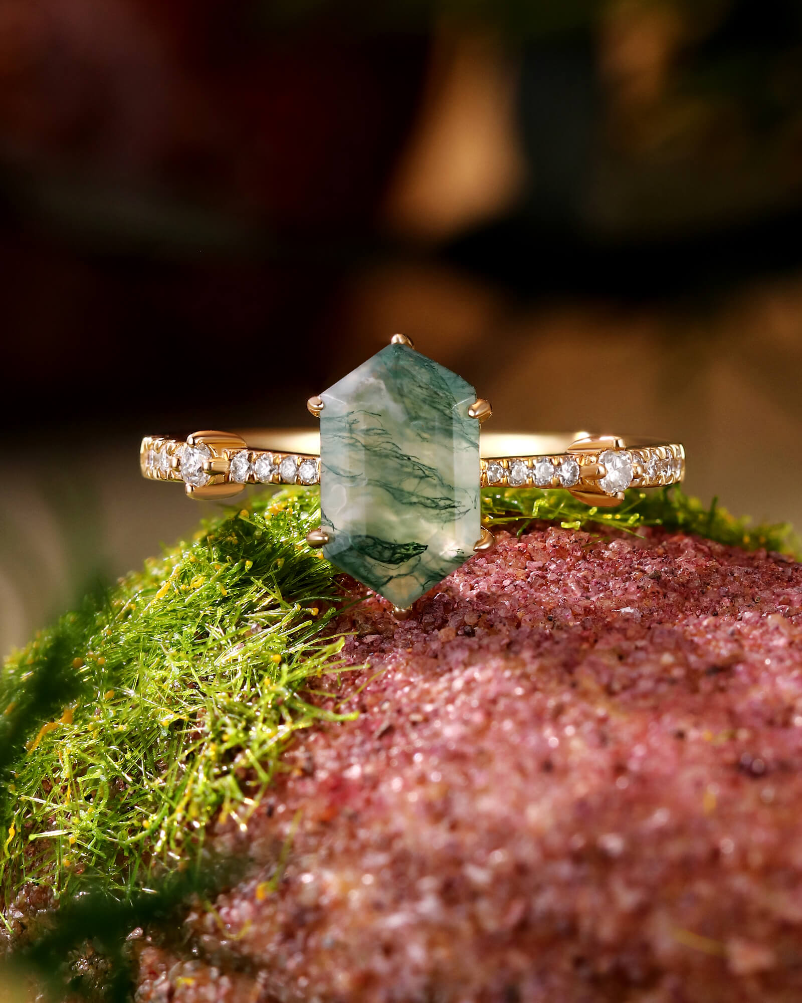 TERRA Long Hexagon Cut Moss Agate and Delicate Moissanite Engagement Ring TERRA Long Hexagon Cut Moss Agate and Delicate Moissanite Engagement Ring