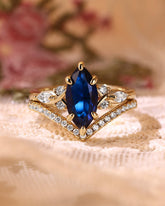 SAPPHIRA Unique Marquise Cut Blue Sapphire Twist Cluster Bridal Set 2pcs