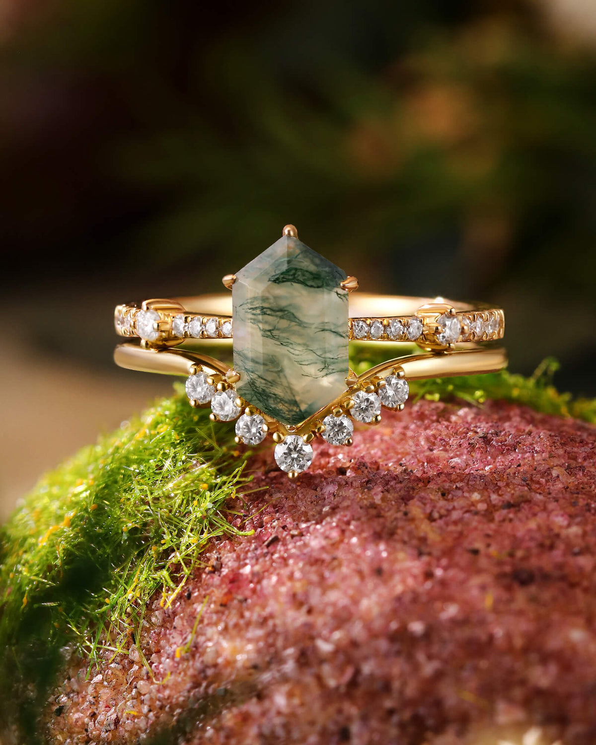 SAGE Long Hexagon Cut Moss Agate Engagement Ring Set Nature Vibe Bridal Set