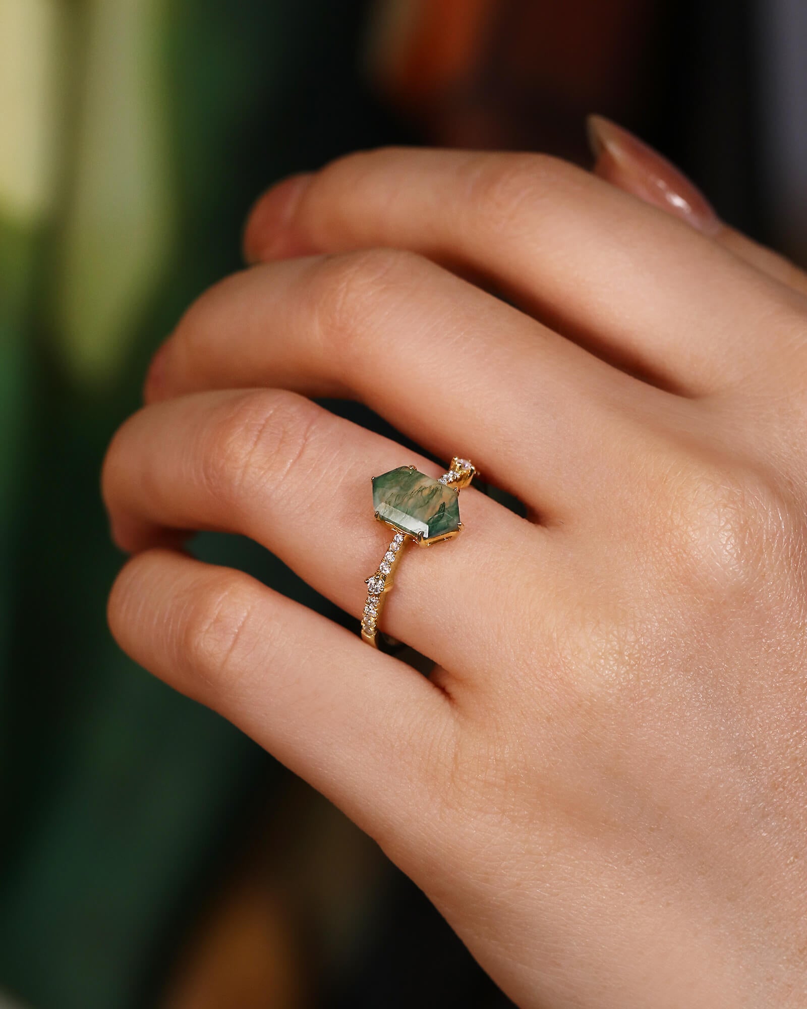 TERRA Long Hexagon Cut Moss Agate and Delicate Moissanite Engagement Ring TERRA Long Hexagon Cut Moss Agate and Delicate Moissanite Engagement Ring