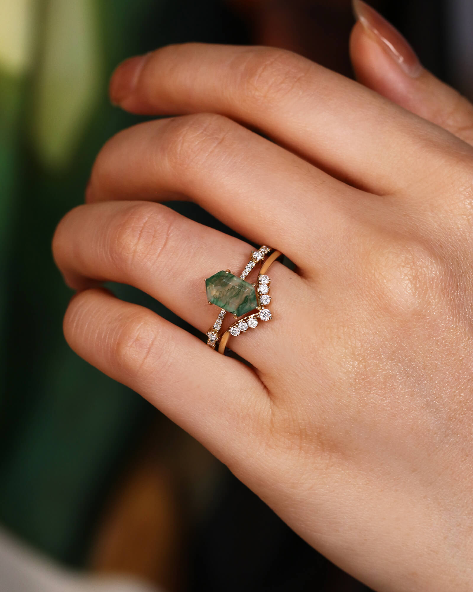 SAGE Long Hexagon Cut Moss Agate Engagement Ring Set Nature Vibe Bridal Set SAGE Long Hexagon Cut Moss Agate Engagement Ring Set Nature Vibe Bridal Set