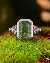 MAVIE Art Deco Style Emerald Cut Moss Agate Engagement Ring