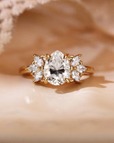 LUNE Pear Cut Moissanite Cluster Leafy Engagement Ring