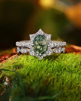 ARIANNA Oval Cut Halo Moss Agate Ring Set