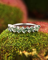 HUMELO Baguette Cut Moss Agate Half eternity Wedding Band Art Deco Promise Ring