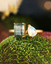 BRYASTRA Emerald Cut Moss Agate & Pear Opal Unique Toi Et Moi Ring