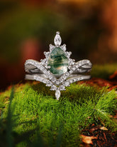 BRIELLE Pear Cut Moss Agate Engagement Ring Set