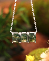 BOSCLYN Three Stone Minimalist Rectangle Moss Agate Necklace
