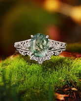 OPHIRA Vintage Floral Oval Shaped Moss Agate Engagement Ring Set