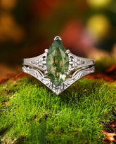 NEPHELE Nature Inspired Moss Agate Marquise Art Deco Style Ring Set