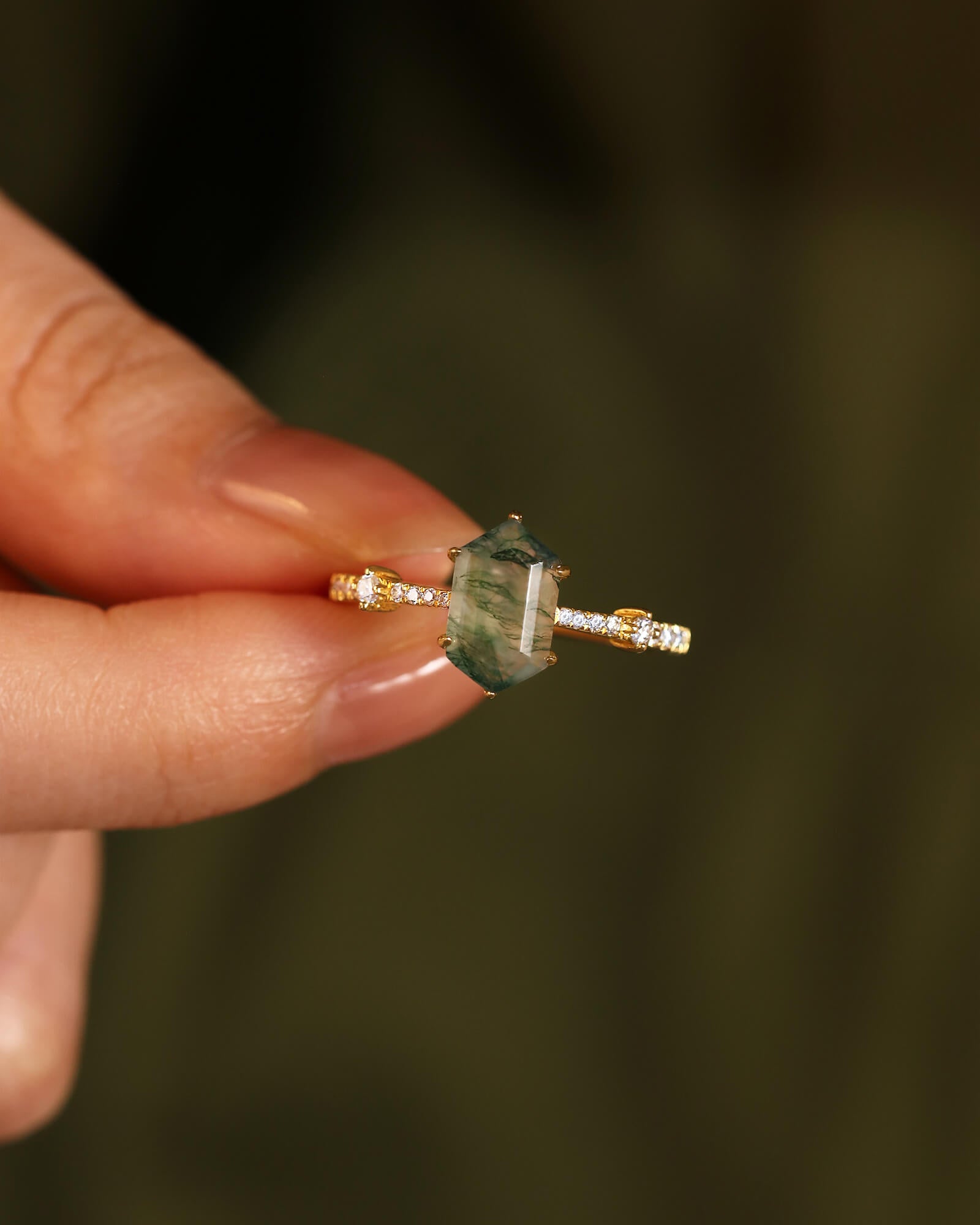 TERRA Long Hexagon Cut Moss Agate and Delicate Moissanite Engagement Ring TERRA Long Hexagon Cut Moss Agate and Delicate Moissanite Engagement Ring