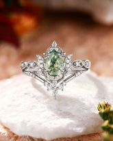 LUNARIA Unique Moonlight Moss Agate Pear Cut Vintage Engagement Ring Sets 2pcs