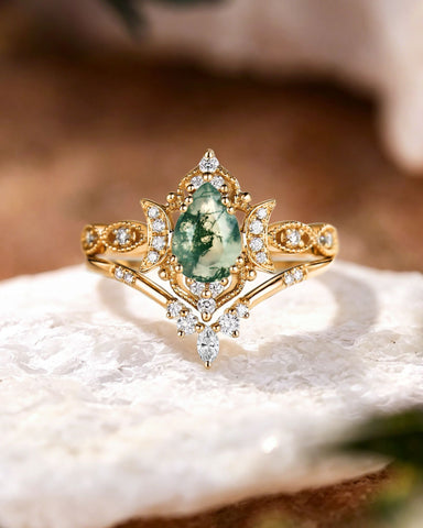 LUNARIA Unique Moonlight Moss Agate Pear Cut Vintage Engagement Ring Sets 2pcs