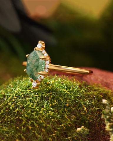 LILAC Hexagon Cut Moss Agate Vintage Halo Engagement Ring