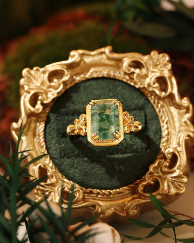 MAVIE Art Deco Style Emerald Cut Moss Agate Engagement Ring