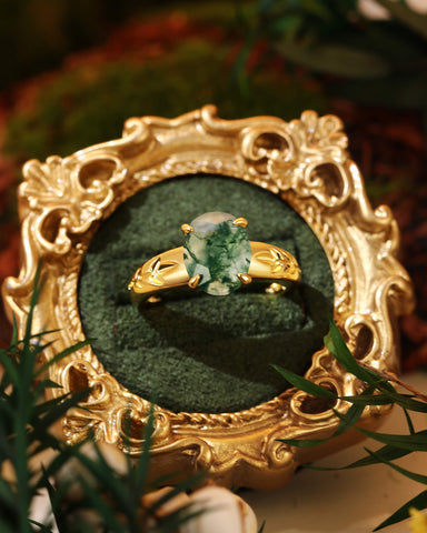 DAHLIA  Leaf Oval Shaped Moss Agate Engagement Ring