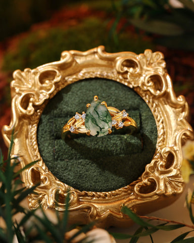 WINOLA Leaf Pear Cut Moss Agate Engagement Ring