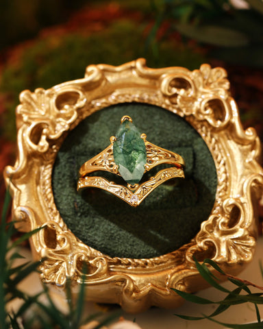 NEPHELE Nature Inspired Moss Agate Marquise Art Deco Style Ring Set