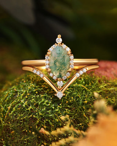 ELETTARIA Hexagon Moss Agate Halo Engagement Ring Sets
