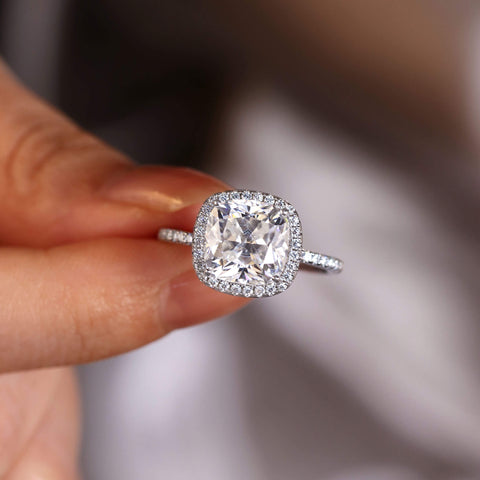 LILIBET Cushion Cut Moissanite Engagement Ring Half Eternity Halo Promise Ring