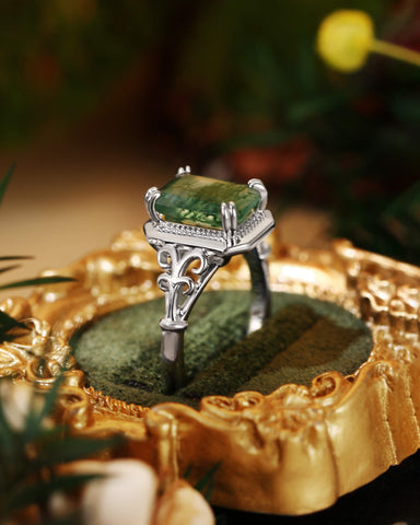 MAVIE Art Deco Style Emerald Cut Moss Agate Engagement Ring
