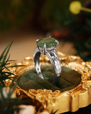 DAHLIA  Leaf Oval Shaped Moss Agate Engagement Ring
