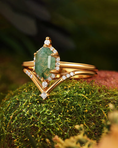 ELETTARIA Hexagon Moss Agate Halo Engagement Ring Sets