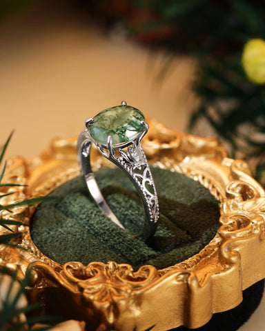 ESSIE Art Deco Jewelry Floral Oval Moss Agate Engagement Ring