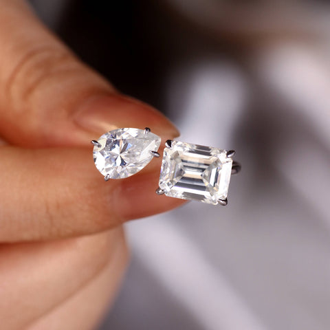 AMARYS Emerald & Pear Cut Moissanite Two Stone Engagement Ring Open Toi et Moi Ring