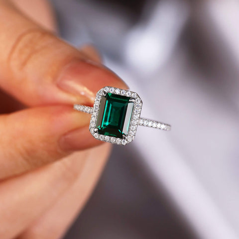 LUCINDA Lab Emerald Engagement Ring Pave Halo Promise Ring