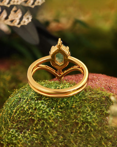 ELETTARIA Hexagon Moss Agate Halo Engagement Ring Sets