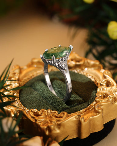 WYNN Art Deco Style Fleur-De-Lis Marquise Cut Moss Agate Engagement Ring
