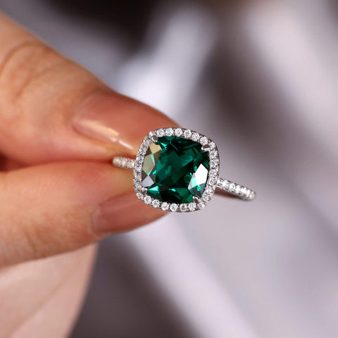 ELEONARA Cushion Cut Lab Emerald Engagement Ring Pave Halo Bridal Ring