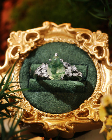 WINOLA Leaf Pear Cut Moss Agate Engagement Ring