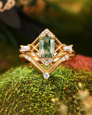 GLINDA Vintage Art Deco Geometry Moss Agate Bridal Ring Set