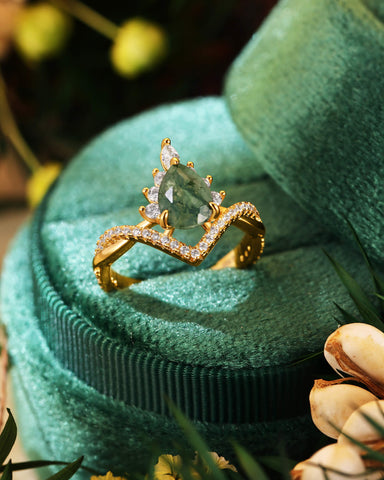 ISLAE Infinity Twisted Pear Cut Moss Agate Engagement Ring