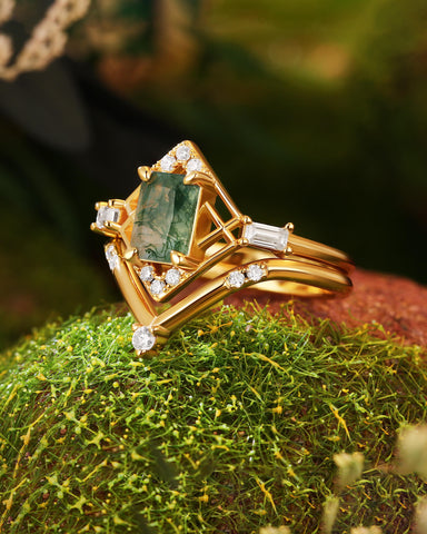 GLINDA Vintage Art Deco Geometry Moss Agate Bridal Ring Set