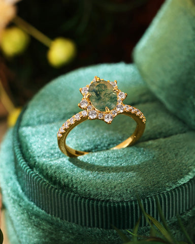 MARIGOLD Halo Oval Cut Moss Agate Engagement Ring