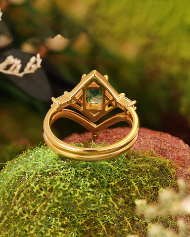 GLINDA Vintage Art Deco Geometry Moss Agate Bridal Ring Set