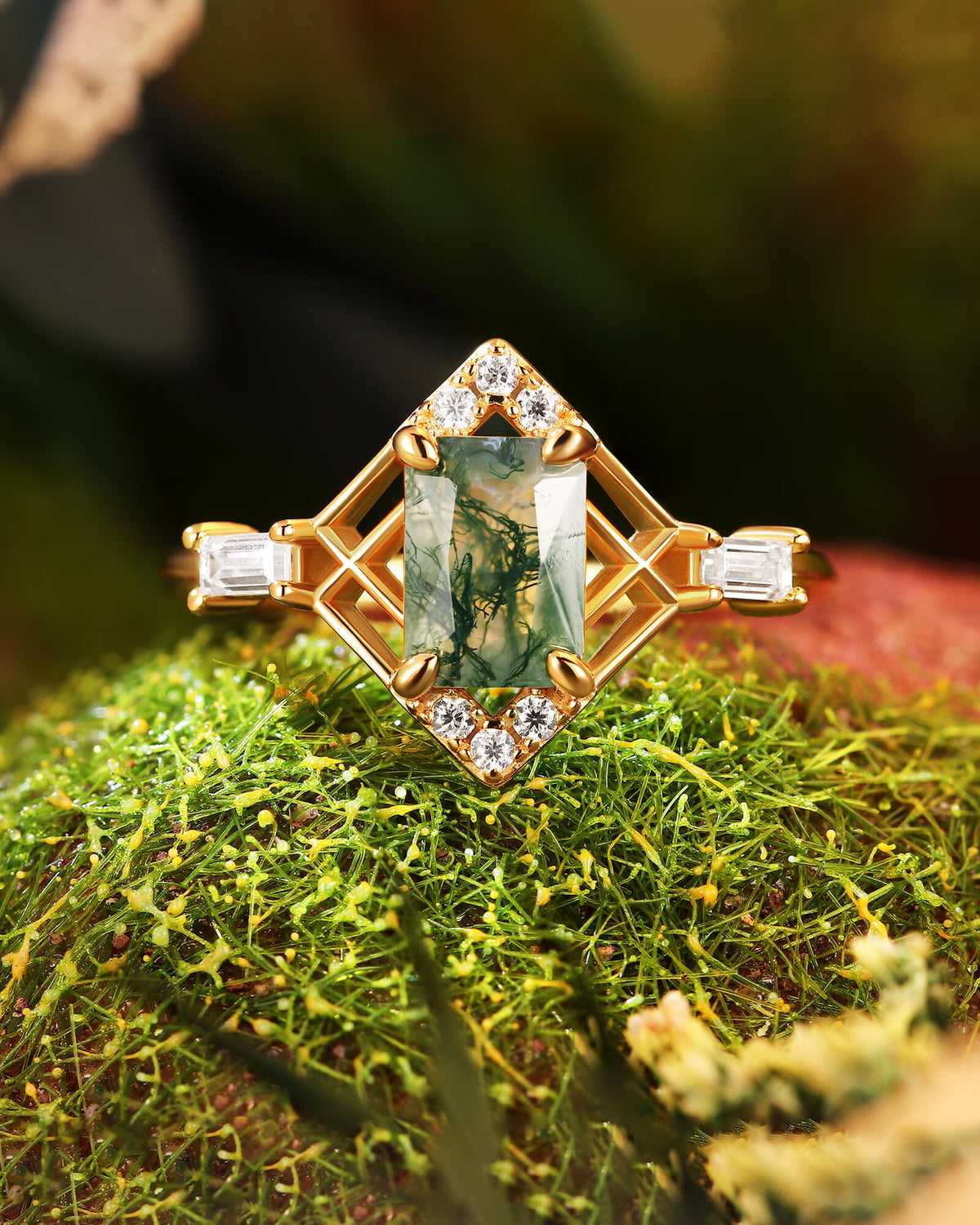 VERDELIA Modern Vintage Art Deco Emerald Moss Agate Engagement Ring