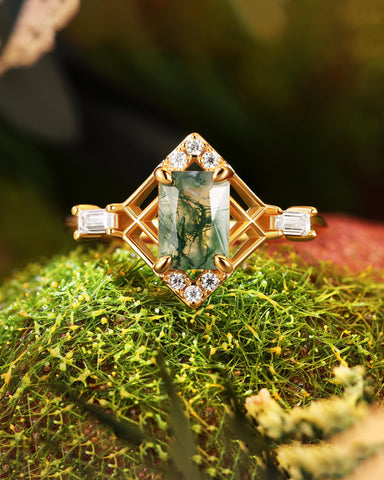 VERDELIA Modern Vintage Art Deco Emerald Moss Agate Engagement Ring