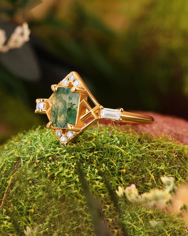 VERDELIA Modern Vintage Art Deco Emerald Moss Agate Engagement Ring