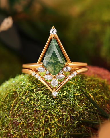 TREMYLA Stylish Art Deco Kite Moss Agate Unique Bridal ring Set