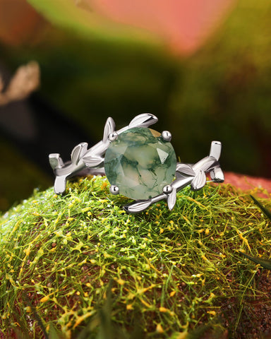 CELENDRA Natural Moss Agate Ring Round Shaped Leaf Engagement Ring