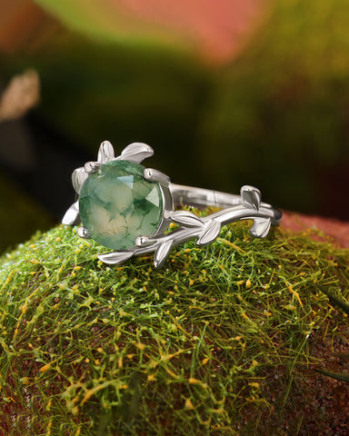 CELENDRA Natural Moss Agate Ring Round Shaped Leaf Engagement Ring