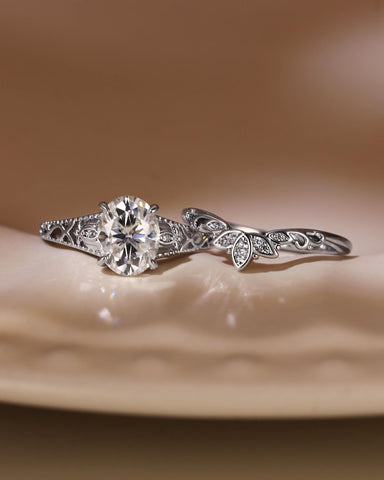 NOVALIE Vintage Floral Oval Shaped Moissanite Engagement Ring Set