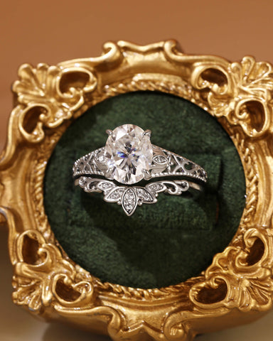 NOVALIE Vintage Floral Oval Shaped Moissanite Engagement Ring Set