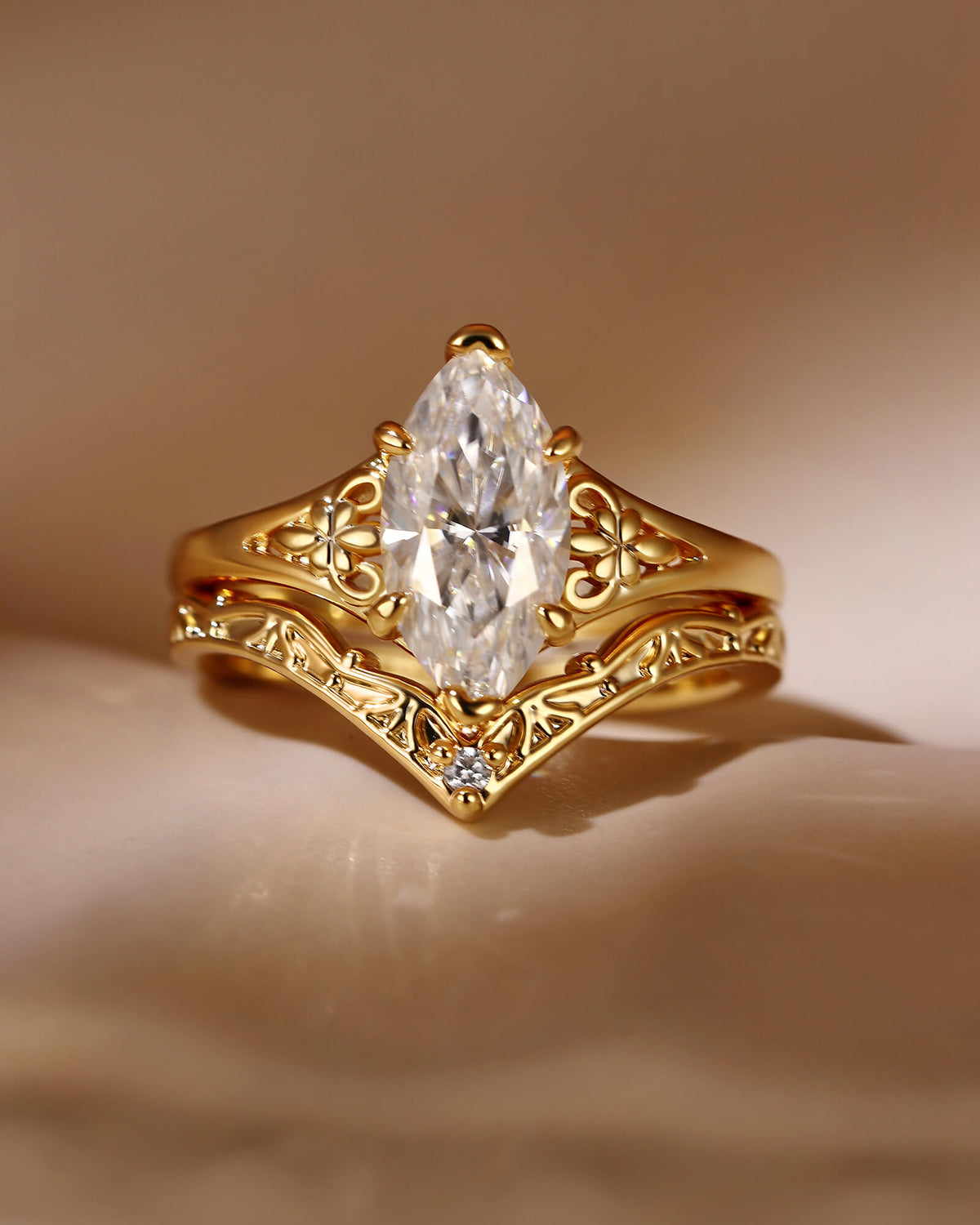 LUNARA Vintage Style Marquise Cut Moissanite Fleur-De-Lis Wedding Ring